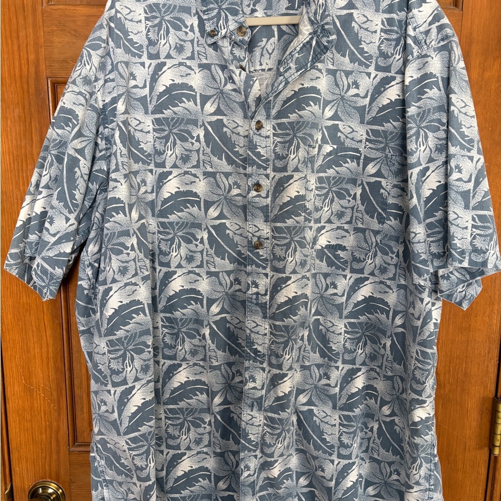 Men's Blue Leaf Print Casual Button Down Shirt